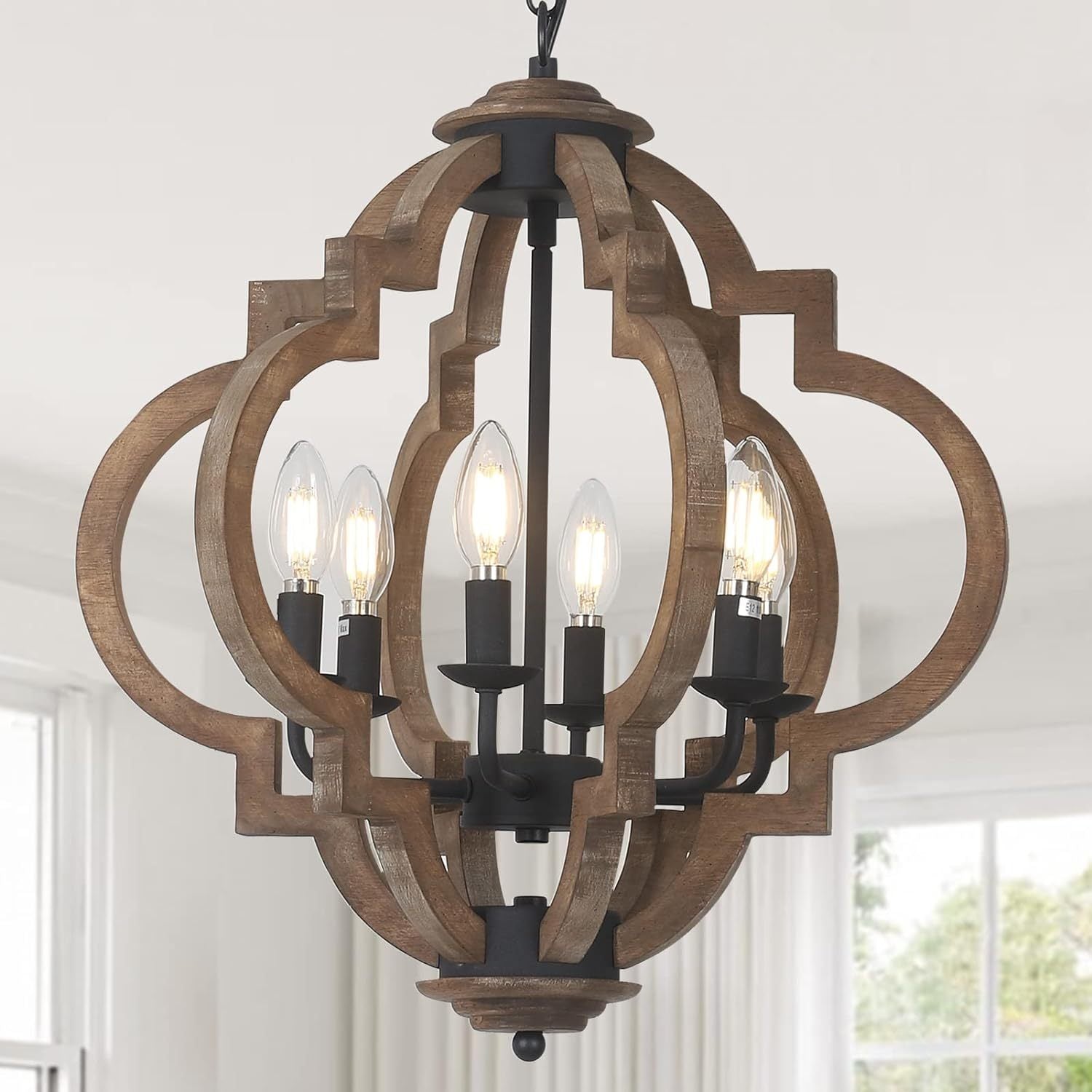 6-Light Rustic Dining Room Light Fixture Over Table, Wood Black Hanging Pendant Lights Kitchen Island