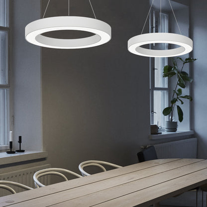 LED pendant ring ceiling light enhances office interiors with geometric black design and energy-saving LED illumination.