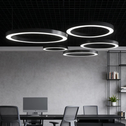 LED pendant ring ceiling light provides energy-efficient modern lighting with stylish black finish for offices and study areas.