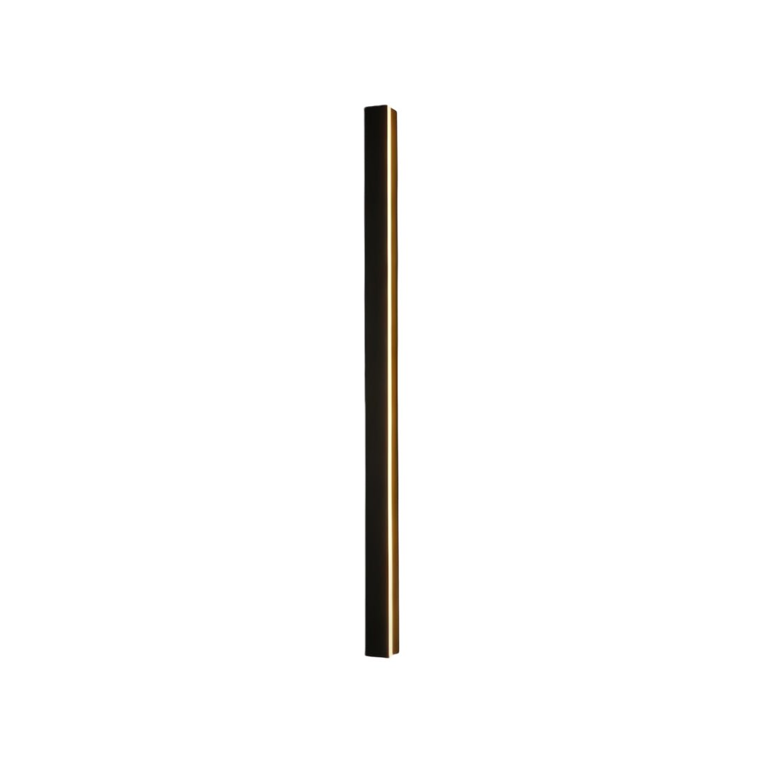 Single horizontal linear outdoor wall sconce with warm glow, mounted on a light gray wall for minimalist decor.