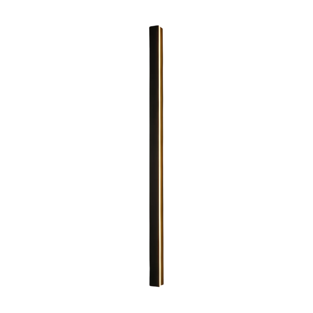 Single vertical linear outdoor wall sconce, providing focused illumination on a neutral wall for modern aesthetics.