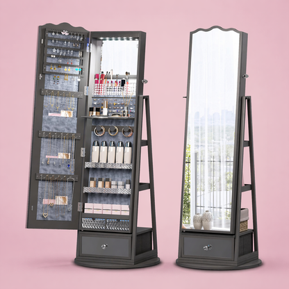 360° Rotating Jewelry Cabinet with LED Lights - Built-in Makeup Mirror