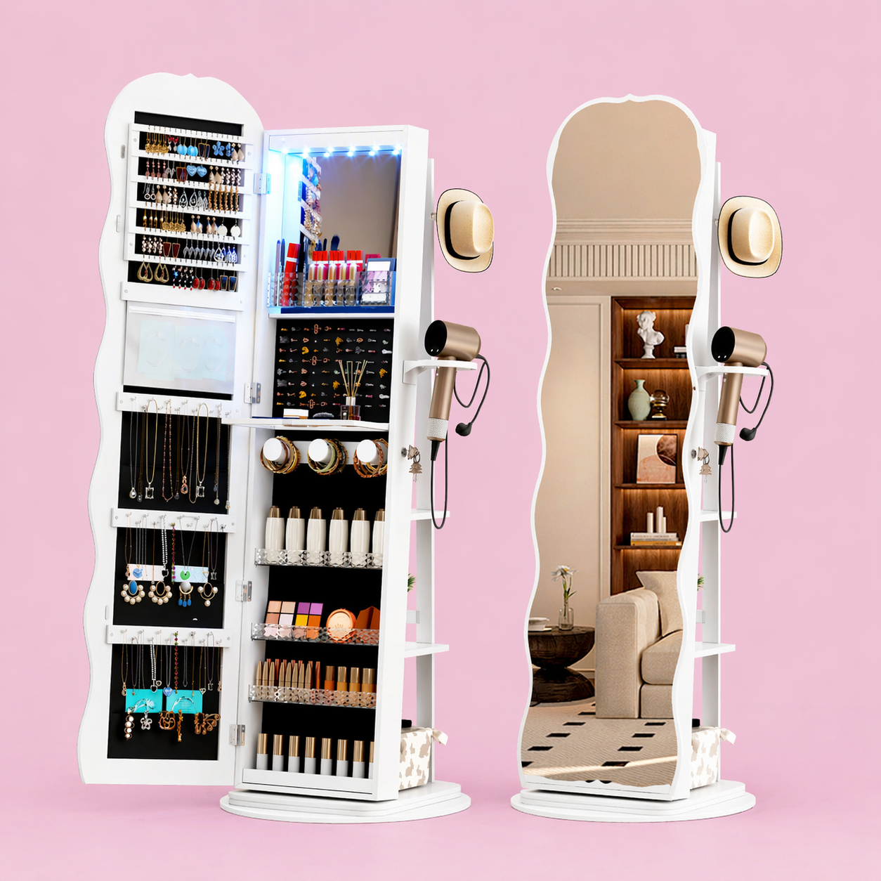 LED Full-Length Mirror with 360° Rotating Wave Mirror Jewelry Cabinet, Lockable with Built-in Folding Shelf