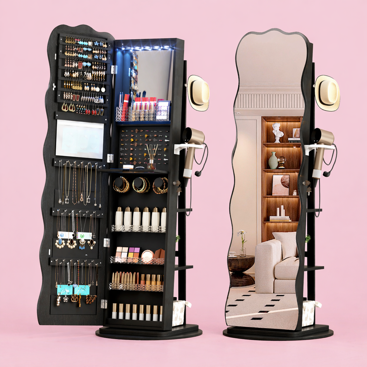 LED Full-Length Mirror with 360° Rotating Wave Mirror Jewelry Cabinet, Lockable with Built-in Folding Shelf