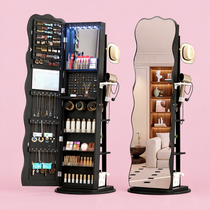 LED Full-Length Mirror with 360° Rotating Wave Mirror Jewelry Cabinet, Lockable with Built-in Folding Shelf