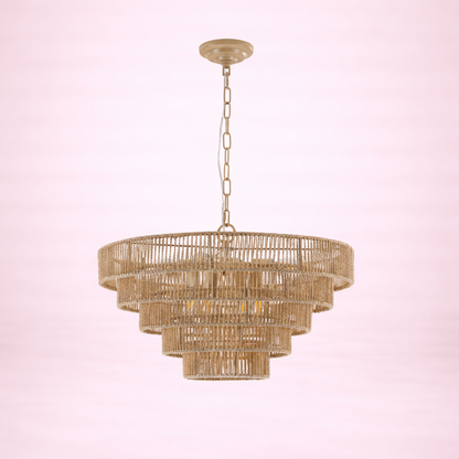 Natural Wood Finish Rattan Chandelier