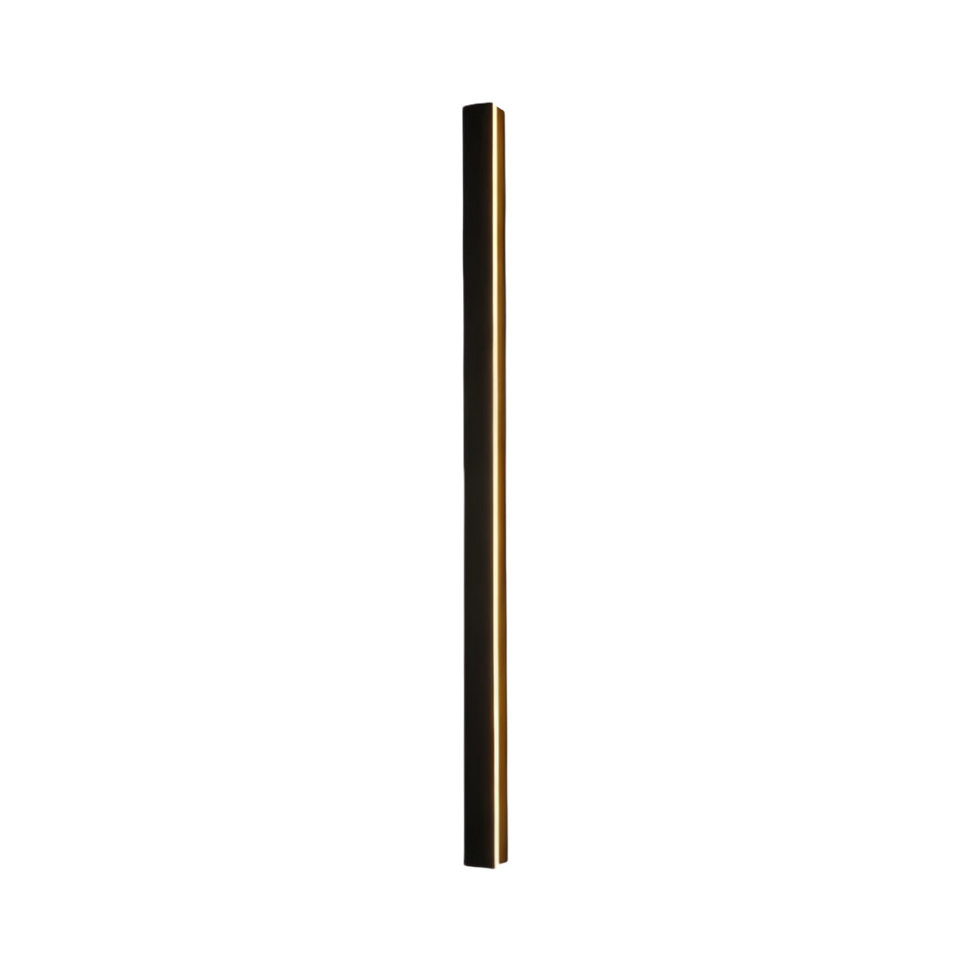 Slim vertical linear outdoor wall sconce with warm light, installed on a dark wall for contemporary contrast.