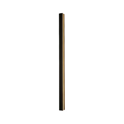 Slim vertical linear outdoor wall sconce with warm light, installed on a dark wall for contemporary contrast.