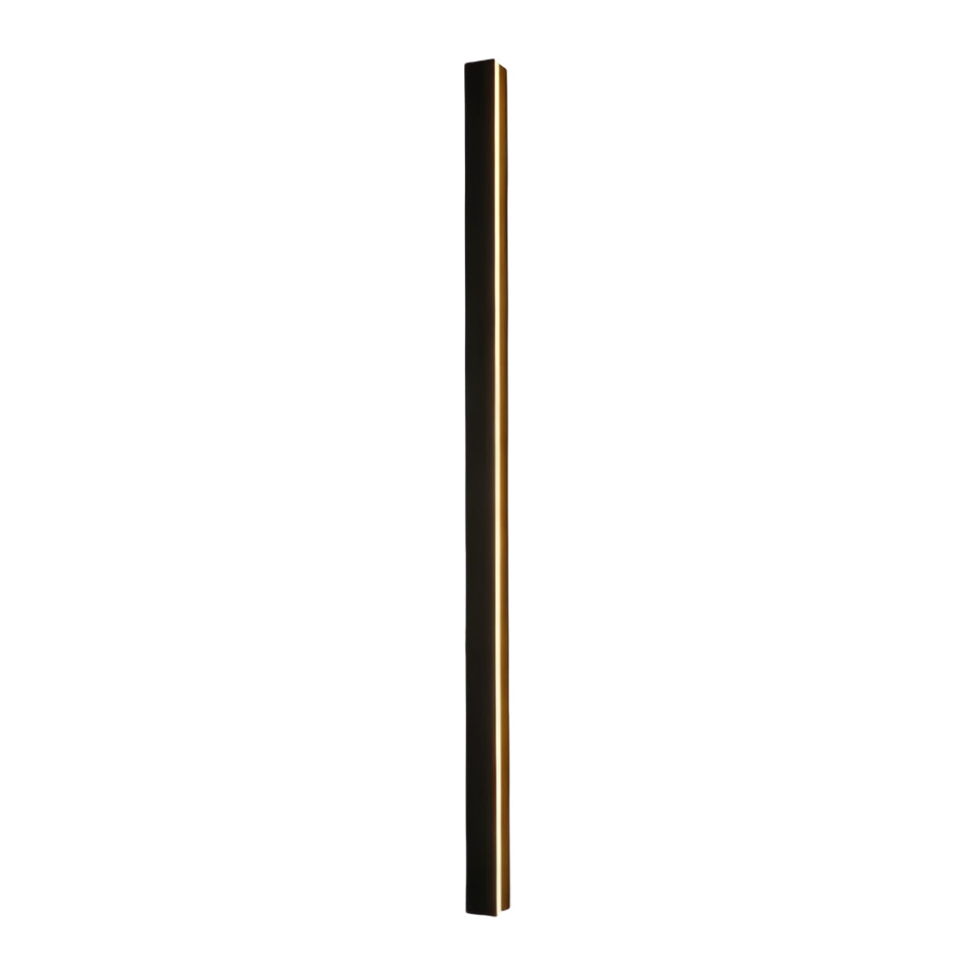 Slim vertical linear outdoor wall sconce with warm LED light, mounted on a white wall for clean and modern look.