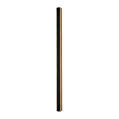 Slim vertical linear outdoor wall sconce with warm LED light, mounted on a white wall for clean and modern look.