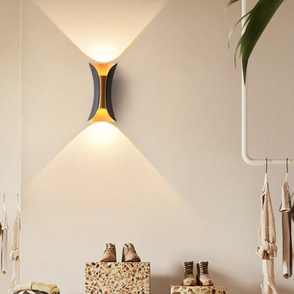 Up down lighting wall lights dual head arc wall lamp delivers ambient lighting with elegant curved structure.
